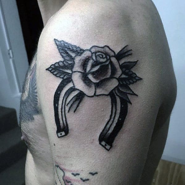Upper Arm Traditional Rose Flower With Horseshoe Guys Tattoos