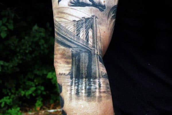 Watercolor Brooklyn Bridge Male Arm Tattoo