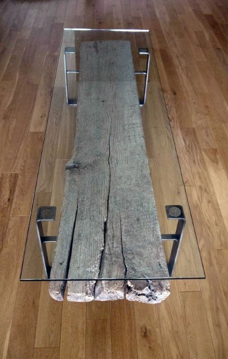 wood beam glass table