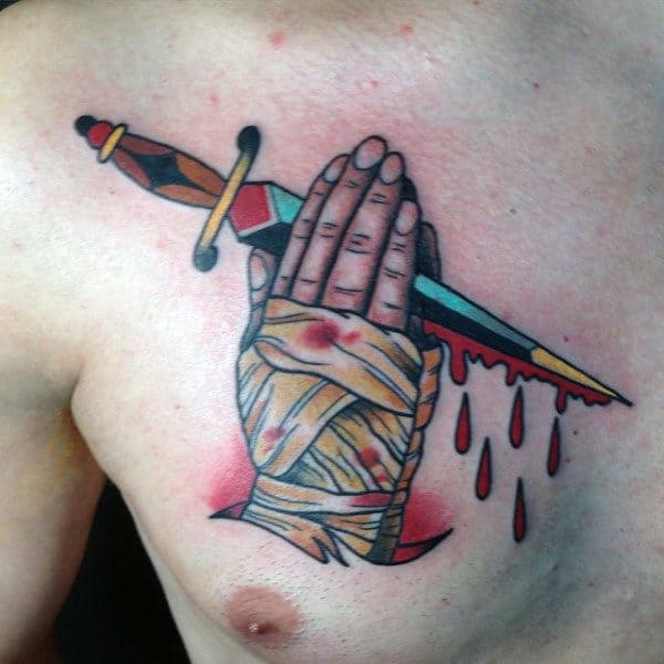 Zombie Sword Praying Hands Mens Tattoo Chest