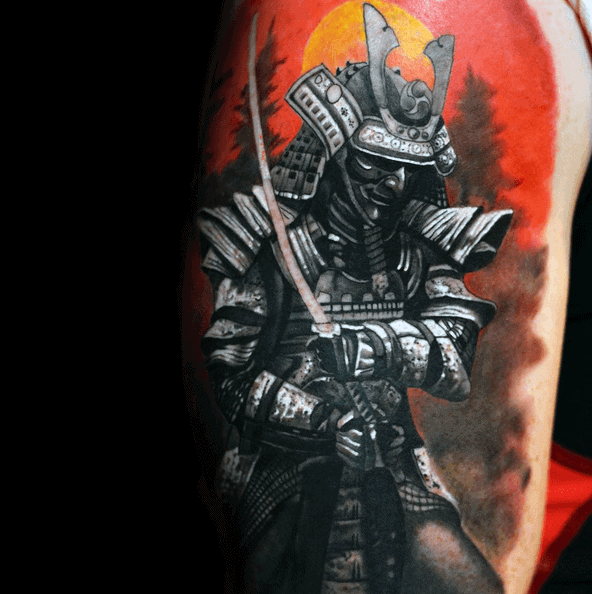 Samurai Mens Rising Sun Watercolor Upper Arm Tattoos